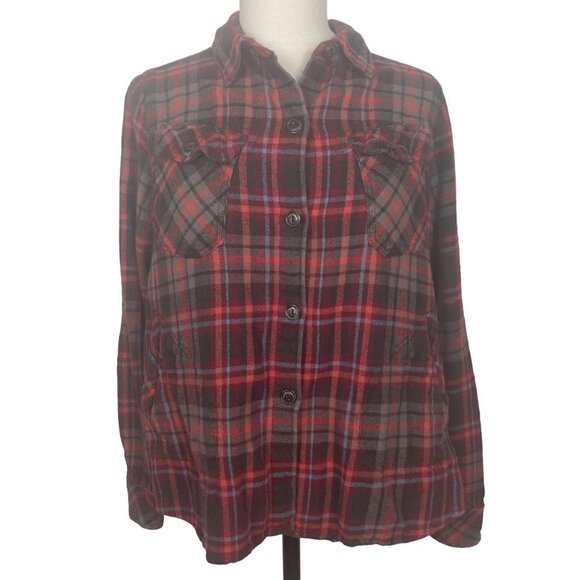 Woolrich Plaid Flannel Top Womens Large Red Plaid Button Front Pockets Shacket - Picture 1 of 8